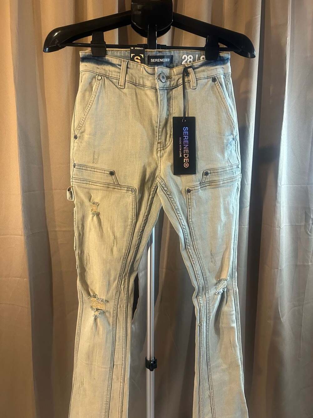 Serenede Men's Stacked Cargo Distressed Light Wash Denim Jeans